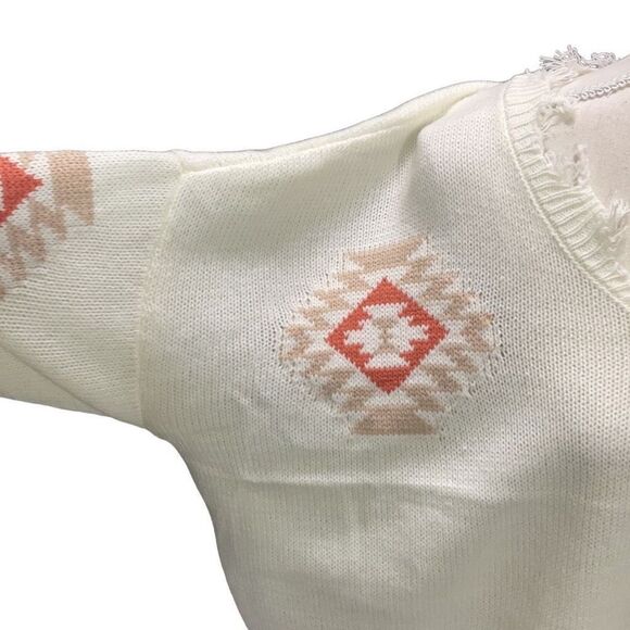 No Comment Distressed Oversized Pullover Cream Sweater Long Sleeve Aztec Size XL - Picture 4 of 7
